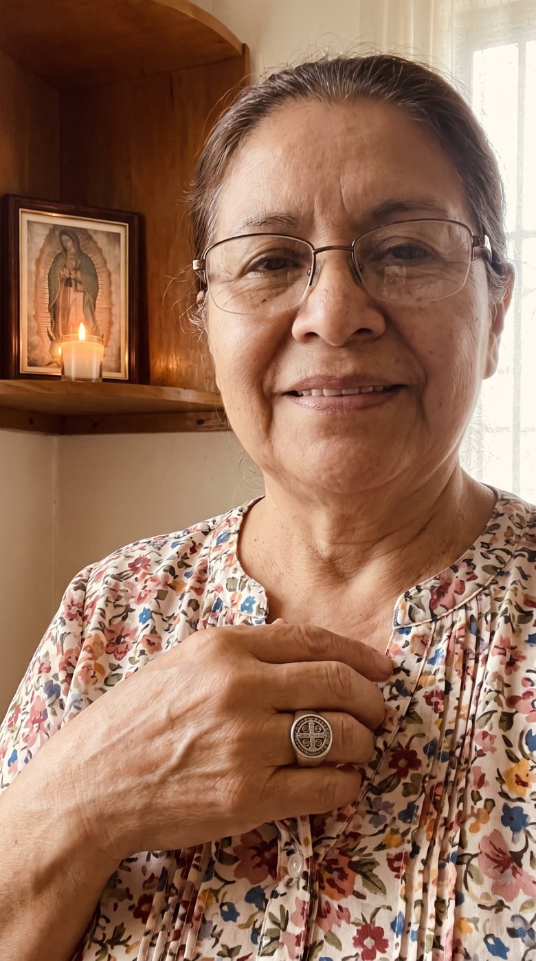 Cliente feliz con su Anillo de San Benito — Amparo Sagrado