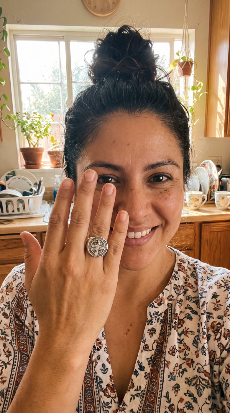 Cliente feliz con su Anillo de San Benito — Amparo Sagrado